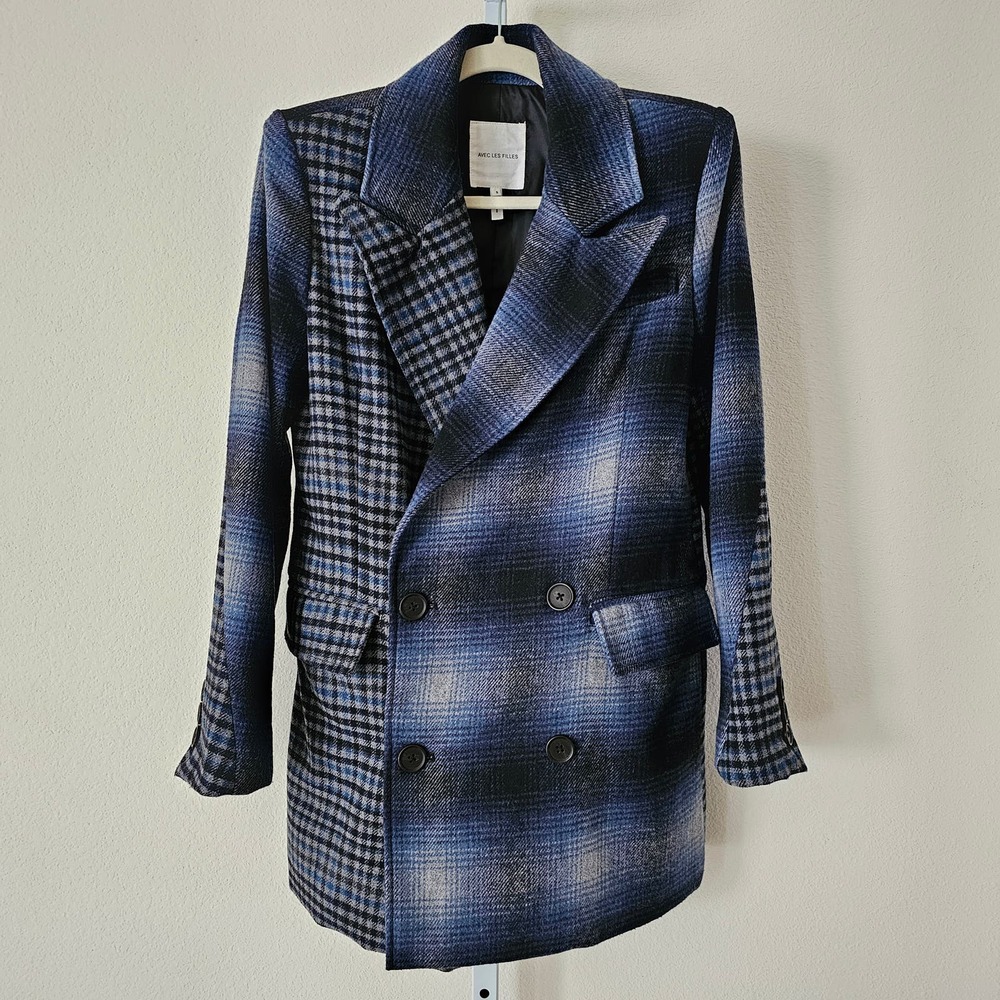AVEC LES FILLES Wool Blend Double Breasted Mixed Plaid Blazer Jacket  Sz S